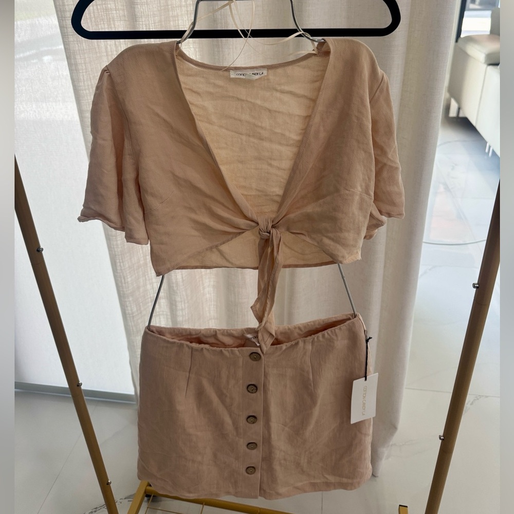 Cotton Candy Beige Tie-Front Top and Button-Front A-Line Skirt Set